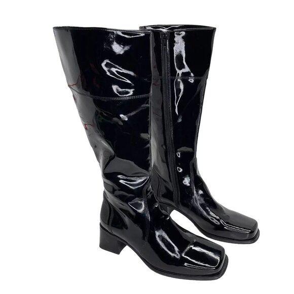 LA CANADIENNE Tall Black Patent Leather Boots Sz 8 Knee High Square Toe - Picture 1 of 8